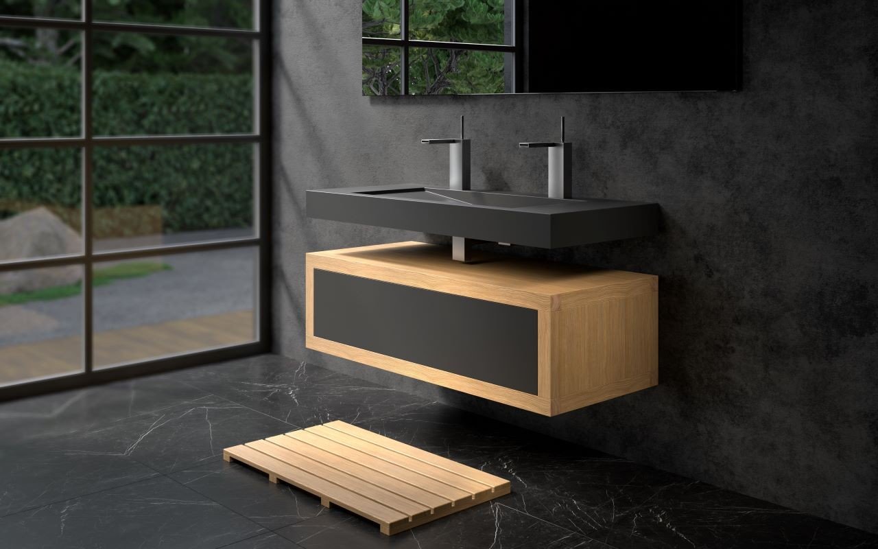 Industrial Free-Standing Bathroom Vanity Walnut & Black 3 Towel Shelves & 2  Doors