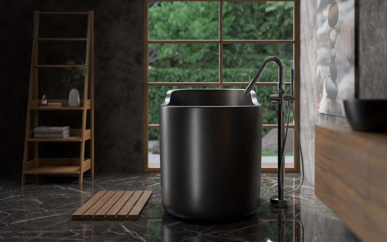 ᐈ 【Aquatica True Ofuro Nano Black Freestanding Stone Japanese Soaking ...